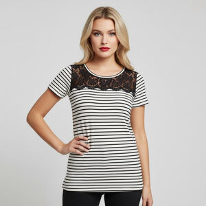 Express Small Black and White Striped with Lace Detail Shirt